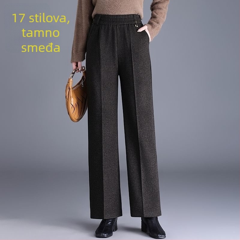 Ženske ravne hlače za jesen-zimu, visok pojas, s džepovima, tkani materijal s postotkom vune 70-80%, mercerizirani završni sloj.
