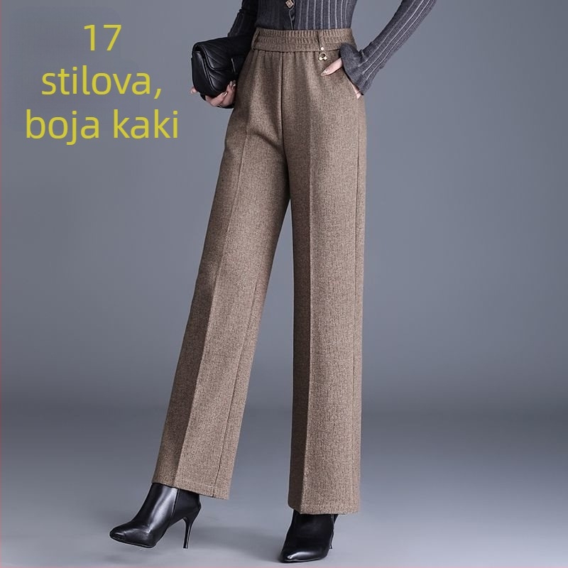 Ženske ravne hlače za jesen-zimu, visok pojas, s džepovima, tkani materijal s postotkom vune 70-80%, mercerizirani završni sloj.