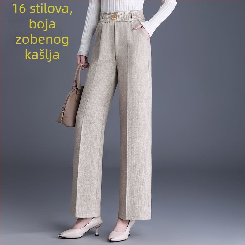 Ženske ravne hlače za jesen-zimu, visok pojas, s džepovima, tkani materijal s postotkom vune 70-80%, mercerizirani završni sloj.
