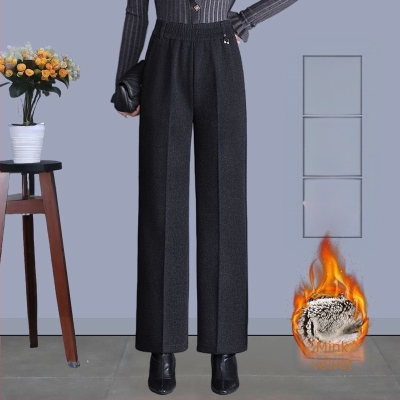 Ženske ravne hlače za jesen-zimu, visok pojas, s džepovima, tkani materijal s postotkom vune 70-80%, mercerizirani završni sloj.