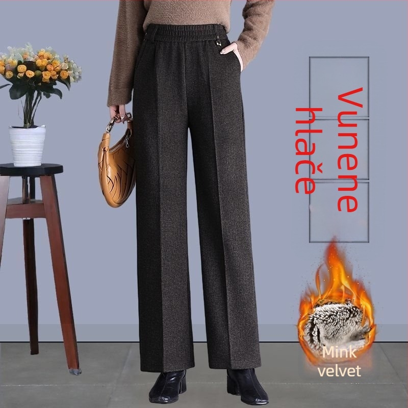 Ženske ravne hlače za jesen-zimu, visok pojas, s džepovima, tkani materijal s postotkom vune 70-80%, mercerizirani završni sloj.