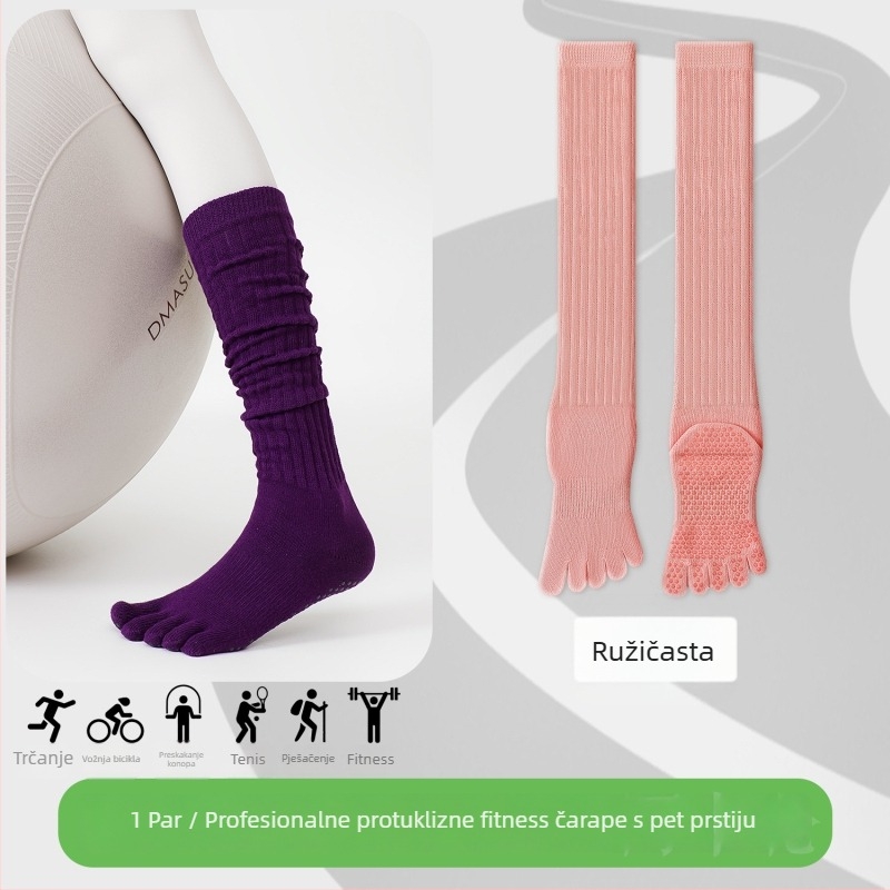 Čarape za jogu s pet prstiju, do potkoljenice, pamuk, protuklizne, bezšivne na prstima
