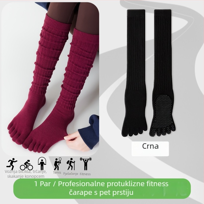 Čarape za jogu s pet prstiju, do potkoljenice, pamuk, protuklizne, bezšivne na prstima