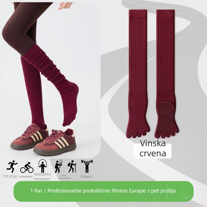 Čarape za jogu s pet prstiju, do potkoljenice, pamuk, protuklizne, bezšivne na prstima
