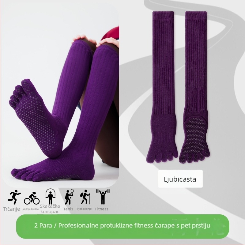 Čarape za jogu s pet prstiju, do potkoljenice, pamuk, protuklizne, bezšivne na prstima
