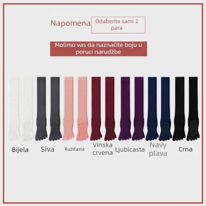 Čarape za jogu s pet prstiju, do potkoljenice, pamuk, protuklizne, bezšivne na prstima