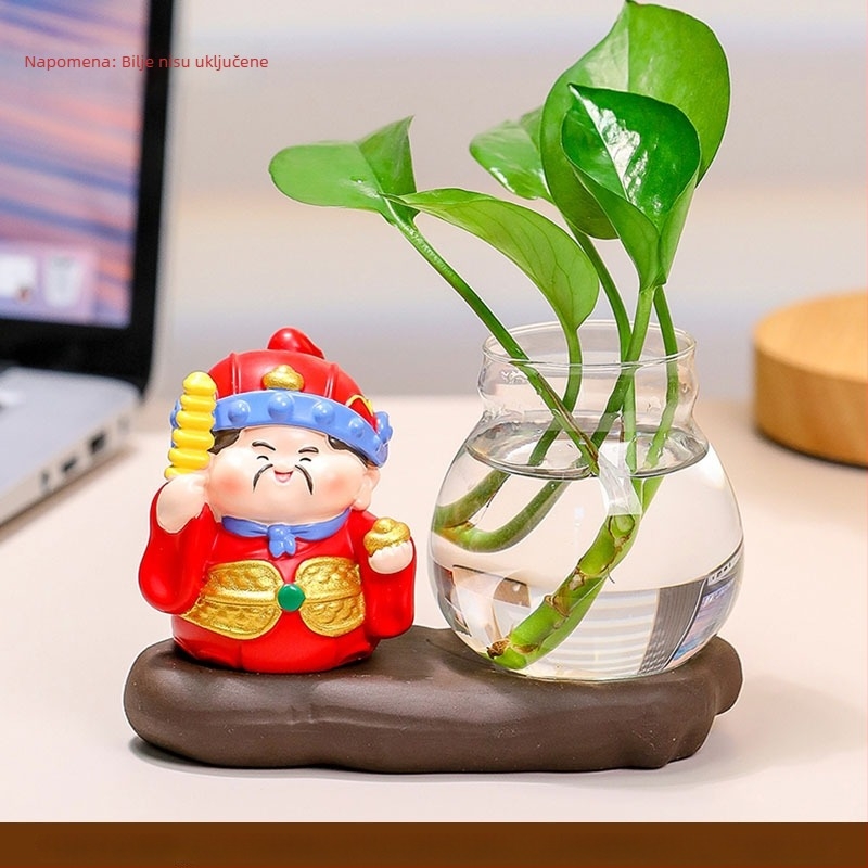 Uredska dekorativna figurica Zhong Kui od smole, s hidroponskom vazom i Pet bogova bogatstva