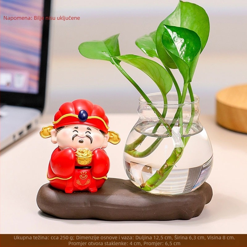 Uredska dekorativna figurica Zhong Kui od smole, s hidroponskom vazom i Pet bogova bogatstva