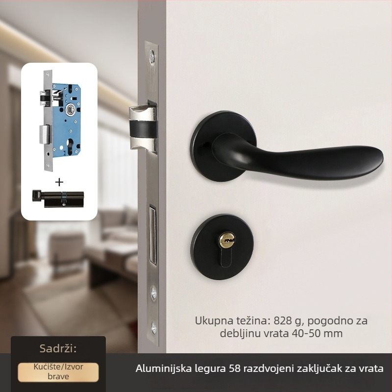 Brava za unutarnja drvena vrata – 58-dijelna podijeljena brava, aluminij, Tiannuo, moderni minimalistički stil