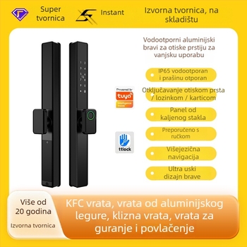 Pametna brava za aluminijske vrata s dvostrukim čitačem otiska prsta, lozinkom i karticom – vodootporna, uski okvir. Pohranjuje do 100 otisaka, više od 100.000 otključavanja; skeniranje ispod 0,05 s; materijal: aluminijska zlitina.