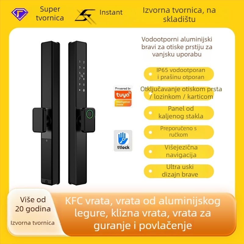 Pametna brava za aluminijske vrata s dvostrukim čitačem otiska prsta, lozinkom i karticom – vodootporna, uski okvir. Pohranjuje do 100 otisaka, više od 100.000 otključavanja; skeniranje ispod 0,05 s; materijal: aluminijska zlitina.