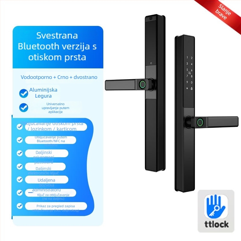 Pametna brava za aluminijske vrata s dvostrukim čitačem otiska prsta, lozinkom i karticom – vodootporna, uski okvir. Pohranjuje do 100 otisaka, više od 100.000 otključavanja; skeniranje ispod 0,05 s; materijal: aluminijska zlitina.