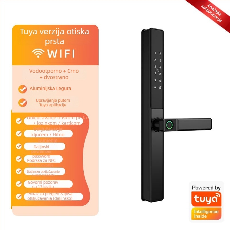 Pametna brava za aluminijske vrata s dvostrukim čitačem otiska prsta, lozinkom i karticom – vodootporna, uski okvir. Pohranjuje do 100 otisaka, više od 100.000 otključavanja; skeniranje ispod 0,05 s; materijal: aluminijska zlitina.