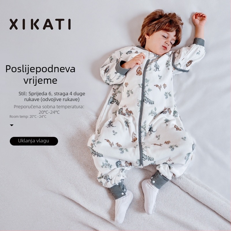 Dječja vreća za spavanje, sve sezone, s razdvojenim nogama, od bambus-pamučne gaze, antibakterijska, upija vlagu