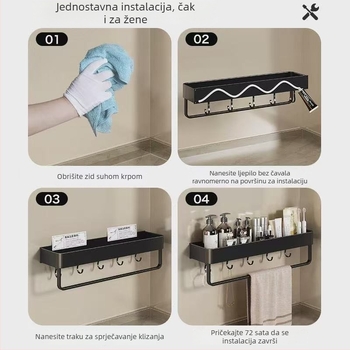 Zidni držač za ručnike u kupaoni, bez bušenja, od aluminijske legure, sklopni pladanj, nosivost 10 kg