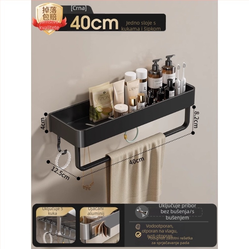 Zidni držač za ručnike u kupaoni, bez bušenja, od aluminijske legure, sklopni pladanj, nosivost 10 kg