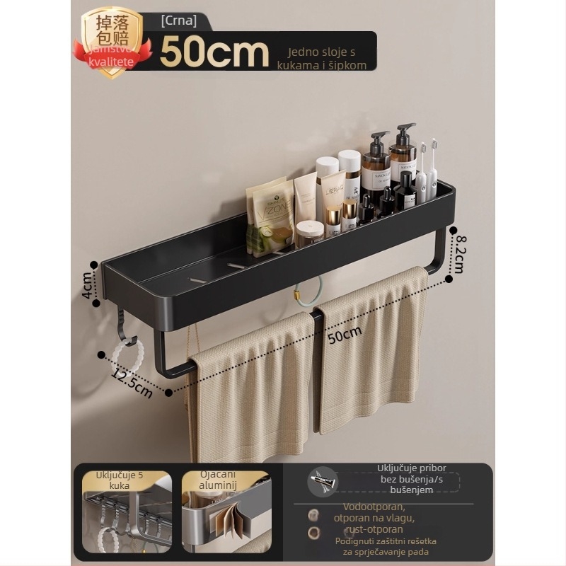 Zidni držač za ručnike u kupaoni, bez bušenja, od aluminijske legure, sklopni pladanj, nosivost 10 kg