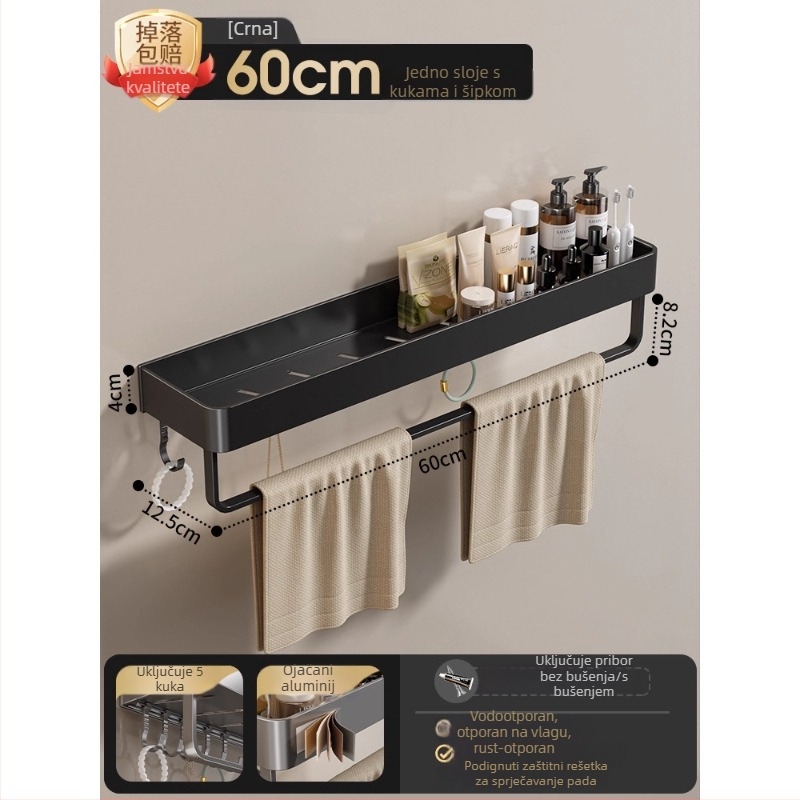 Zidni držač za ručnike u kupaoni, bez bušenja, od aluminijske legure, sklopni pladanj, nosivost 10 kg