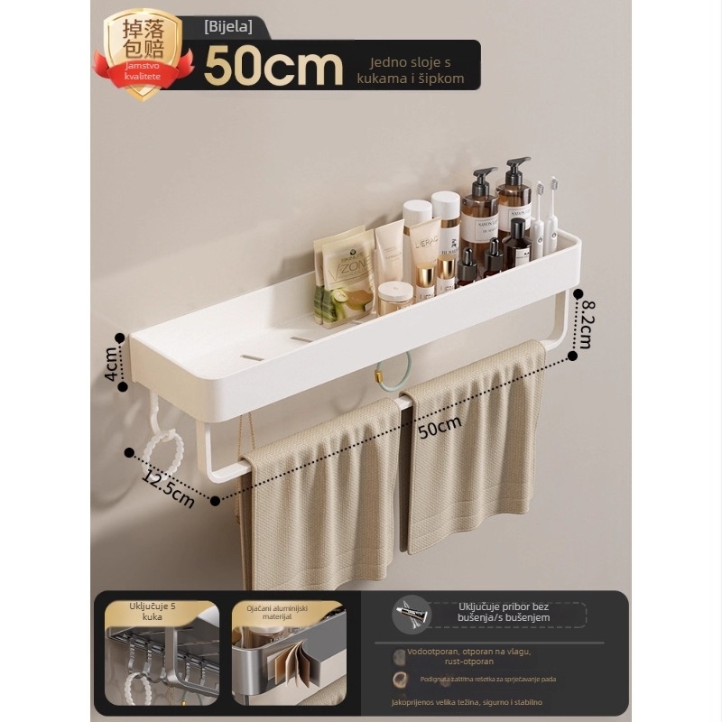 Zidni držač za ručnike u kupaoni, bez bušenja, od aluminijske legure, sklopni pladanj, nosivost 10 kg