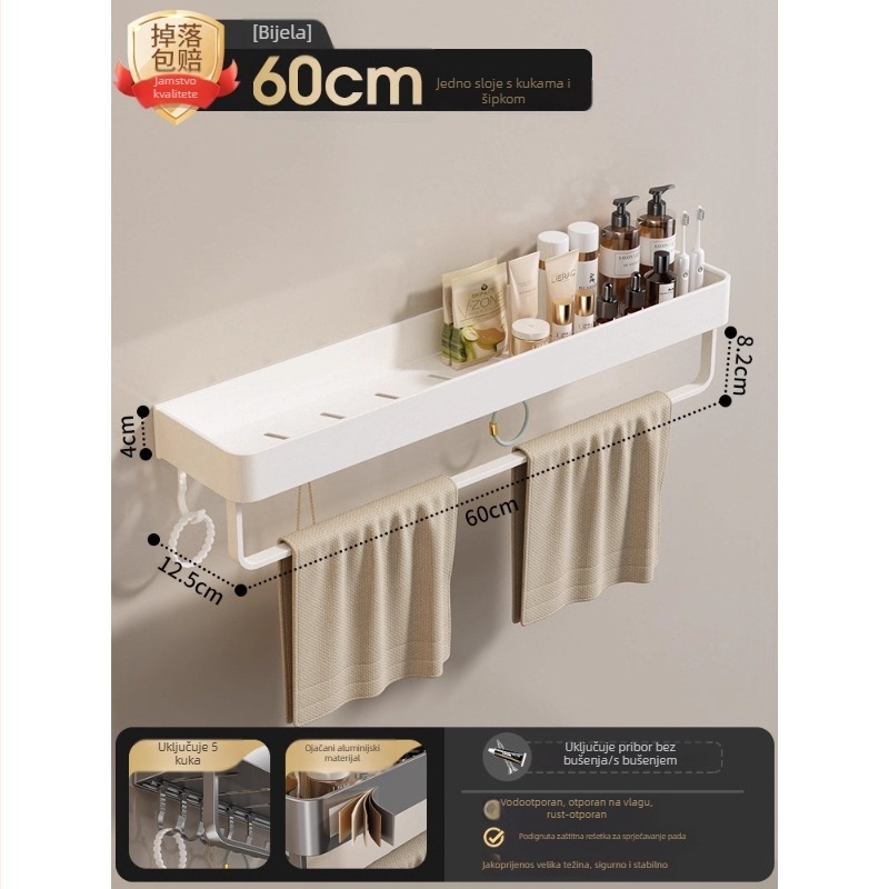 Zidni držač za ručnike u kupaoni, bez bušenja, od aluminijske legure, sklopni pladanj, nosivost 10 kg