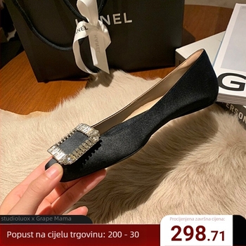 Ženske satenske ravne cipele s četvrtastim nosom, štras dekorom i četvrtastom kopčom, niski pet, za svakodnevnu upotrebu