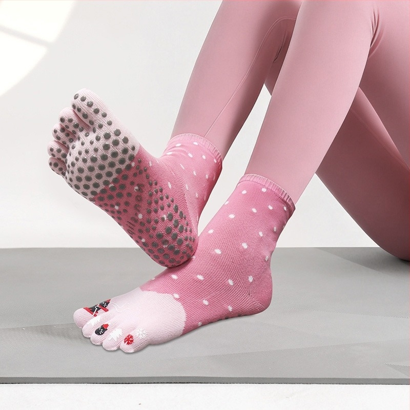 Pamukaste čarape za jogu s pet prstiju, protivklizne i upijaju znoj, srednje duljine, za jogu i pilates