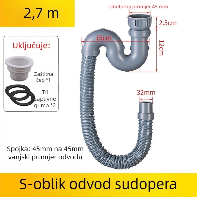 Proširenje odvoda kuhinjskog sudopera — 45 sučelje, odvodna cijev i pribor
