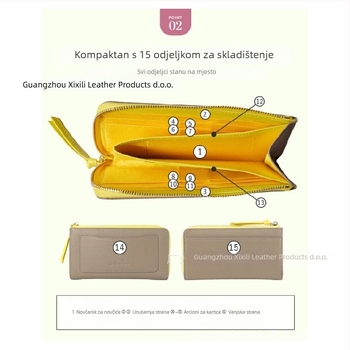 Duga ženska novčanik od kože s teksturom brušena (pebbled) i džepovima za kartice te novčanikom za kovance, velika kapaciteta, prirodna koža, koža prvog sloja, podstava od kože goveda