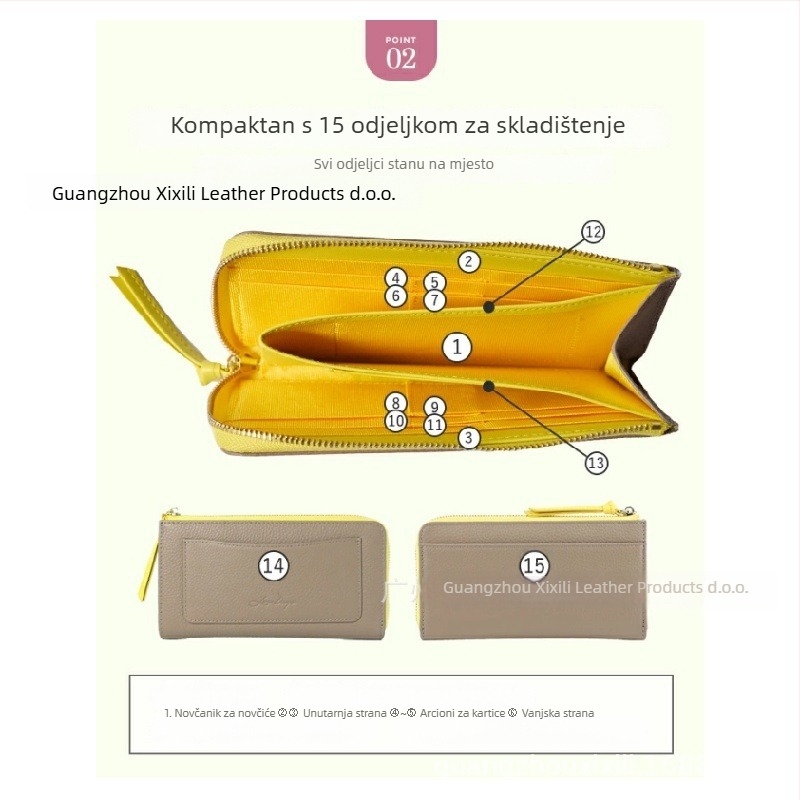 Duga ženska novčanik od kože s teksturom brušena (pebbled) i džepovima za kartice te novčanikom za kovance, velika kapaciteta, prirodna koža, koža prvog sloja, podstava od kože goveda