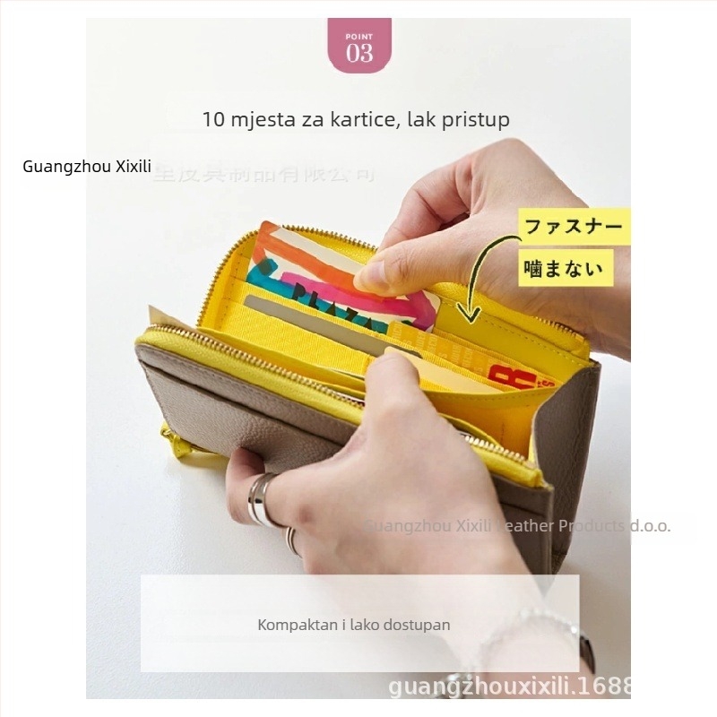 Duga ženska novčanik od kože s teksturom brušena (pebbled) i džepovima za kartice te novčanikom za kovance, velika kapaciteta, prirodna koža, koža prvog sloja, podstava od kože goveda