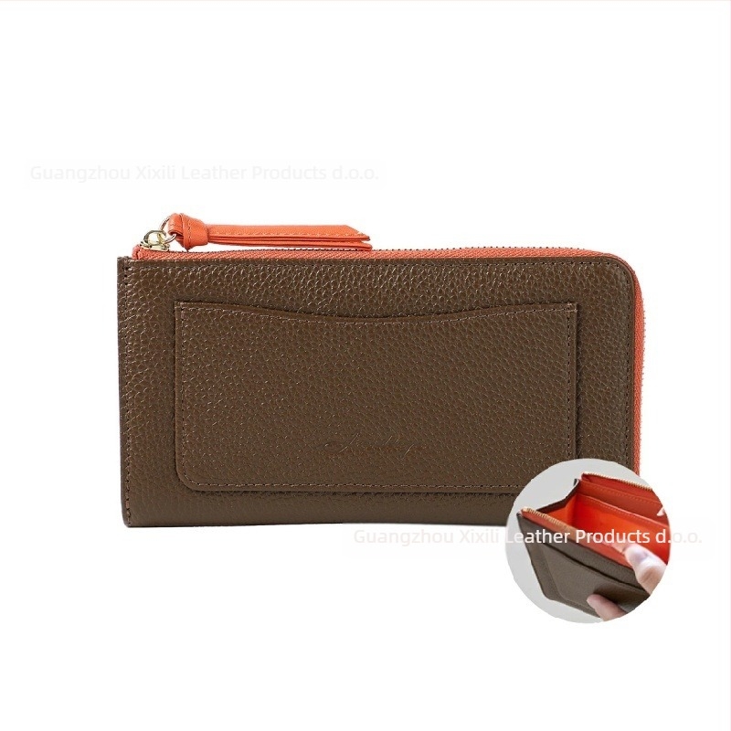 Duga ženska novčanik od kože s teksturom brušena (pebbled) i džepovima za kartice te novčanikom za kovance, velika kapaciteta, prirodna koža, koža prvog sloja, podstava od kože goveda