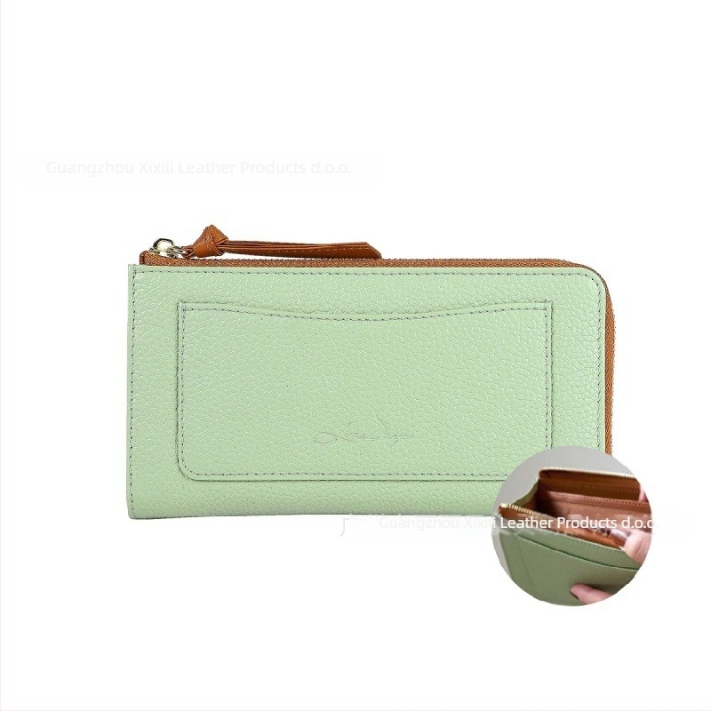 Duga ženska novčanik od kože s teksturom brušena (pebbled) i džepovima za kartice te novčanikom za kovance, velika kapaciteta, prirodna koža, koža prvog sloja, podstava od kože goveda