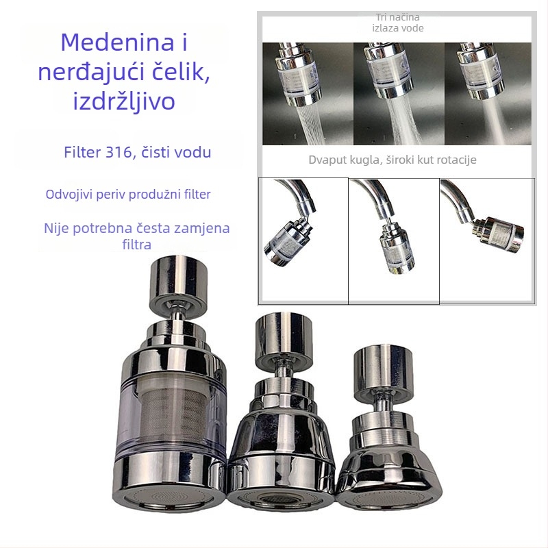 Filtrska mlaznica za slavinu, nehrđajući čelik, univerzalno rotirajući izlaz s tri razine, kapica protiv prskanja i produženje