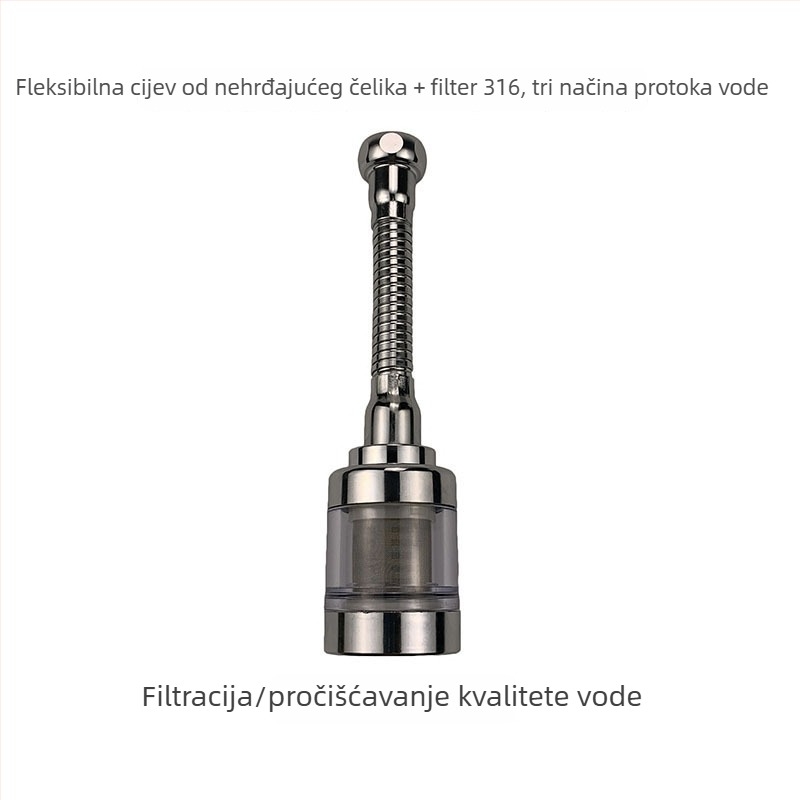 Filtrska mlaznica za slavinu, nehrđajući čelik, univerzalno rotirajući izlaz s tri razine, kapica protiv prskanja i produženje