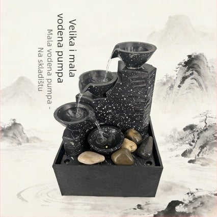 Stolni fontan za dnevni boravak i kućnu radnu površinu — vodeni tok za privlačenje bogatstva, dekorativni pejzaž; materijali: plastika i smola; kategorija: resin crafts; šifra proizvoda: 6fhyfnt8