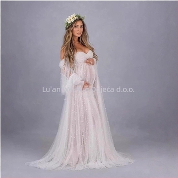 Haljina s jednim ramenom od mreže Patchwork, trudnica, duga A-linija, nabori na rukavima