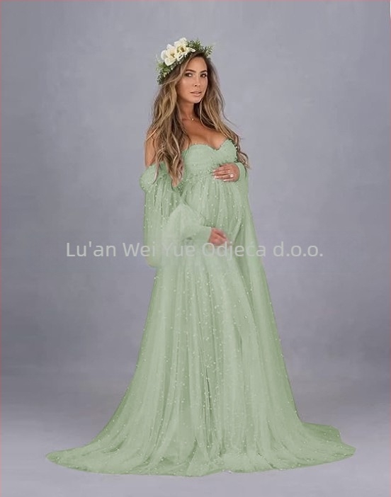 Haljina s jednim ramenom od mreže Patchwork, trudnica, duga A-linija, nabori na rukavima