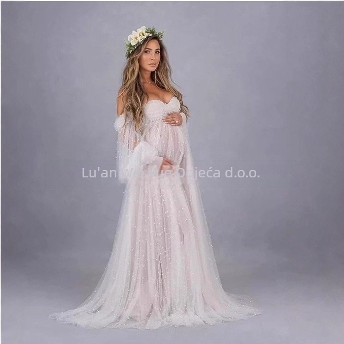 Haljina s jednim ramenom od mreže Patchwork, trudnica, duga A-linija, nabori na rukavima