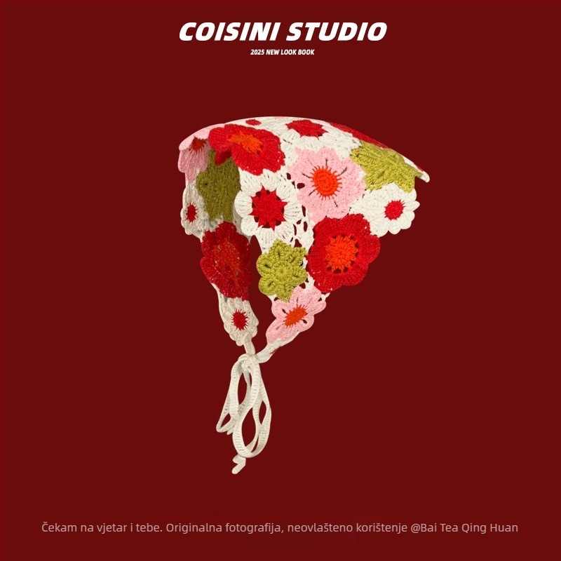 Slatka kukičana traka za kosu s cvijetom i kariranim uzorkom, stil trokuta šala, proljeće 2025