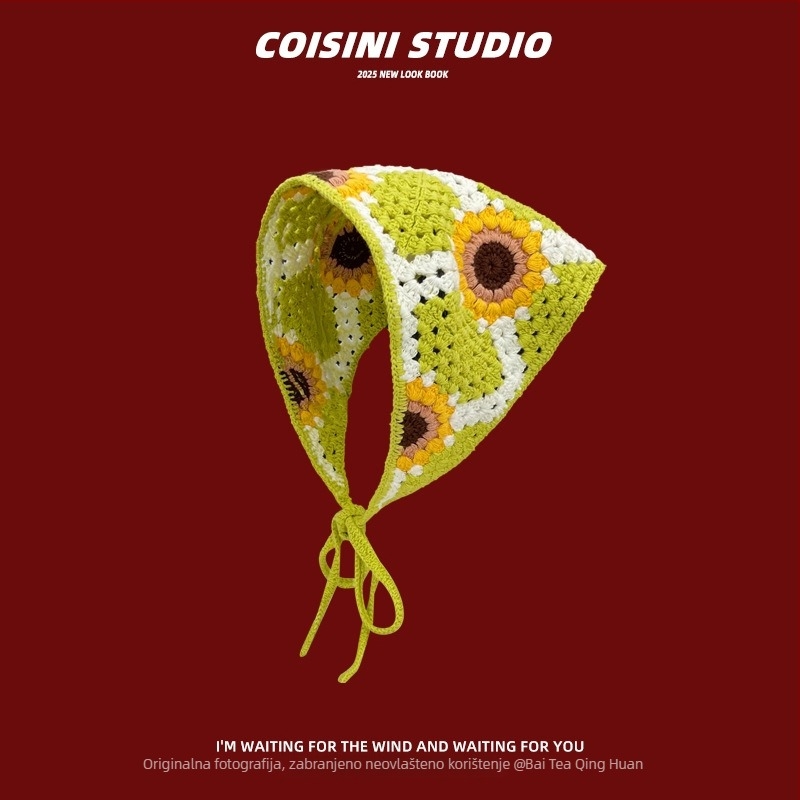 Slatka kukičana traka za kosu s cvijetom i kariranim uzorkom, stil trokuta šala, proljeće 2025