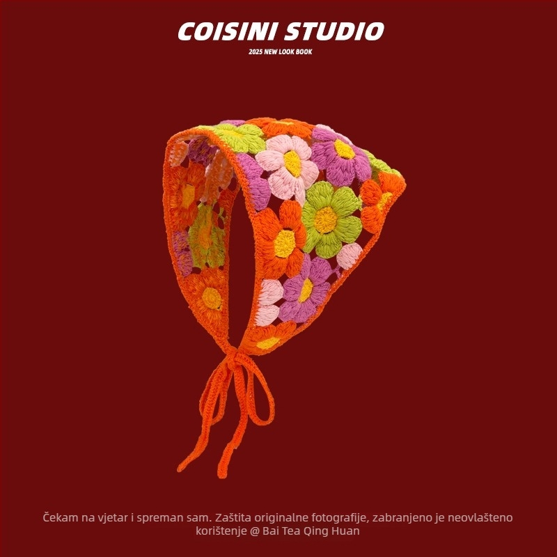 Slatka kukičana traka za kosu s cvijetom i kariranim uzorkom, stil trokuta šala, proljeće 2025