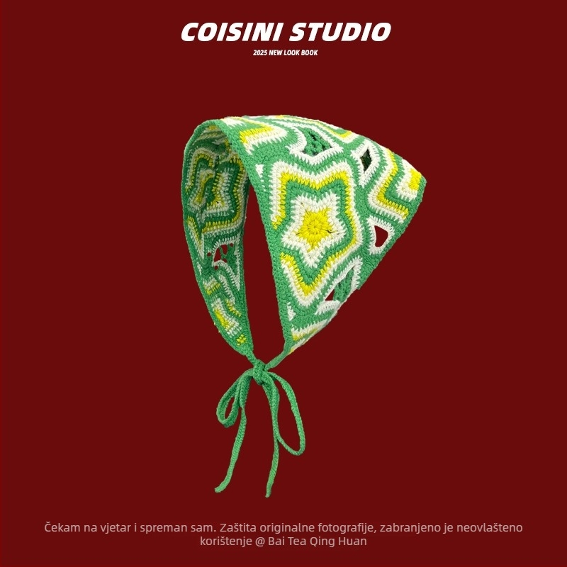 Slatka kukičana traka za kosu s cvijetom i kariranim uzorkom, stil trokuta šala, proljeće 2025