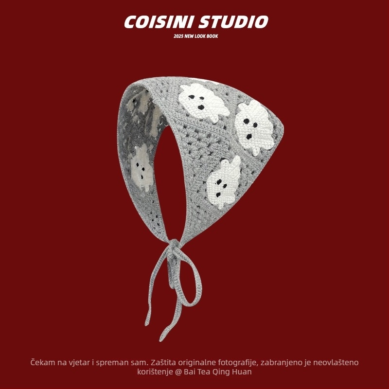 Slatka kukičana traka za kosu s cvijetom i kariranim uzorkom, stil trokuta šala, proljeće 2025