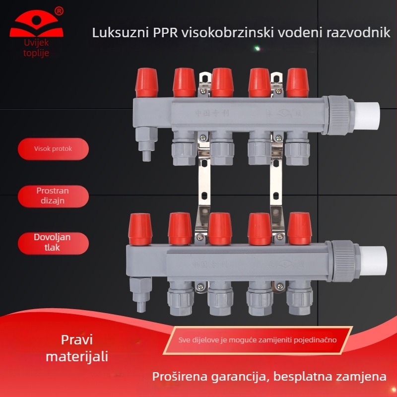 Distribuidor vode za podno grijanje PPR – visok protok, moderni minimalistički stil, materijal PP-R, spoj navojem, promjer grana 20 mm, radna temperatura 70°C, Forever Warm