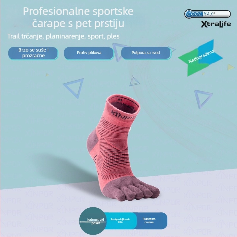 XINPOR petoprstne čarape za trčanje, Coolmax, brzo suše, protiv žuljeva, protuklizne, antibakterijske, upijaju znoj, unisex, srednje duljine
