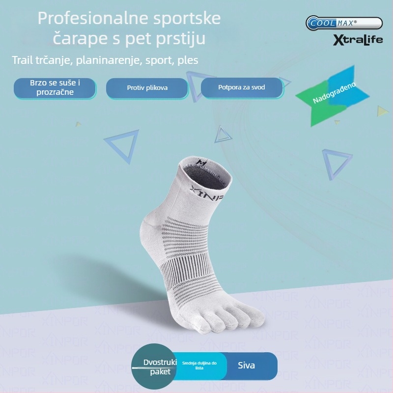 XINPOR petoprstne čarape za trčanje, Coolmax, brzo suše, protiv žuljeva, protuklizne, antibakterijske, upijaju znoj, unisex, srednje duljine