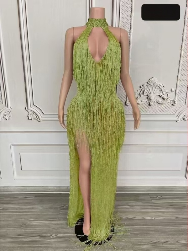 Duga haljina s resicama oko vrata, halter za scenski nastup, ženska haljina od kozje kože i spandex mješavine (90–95% kozje kože)