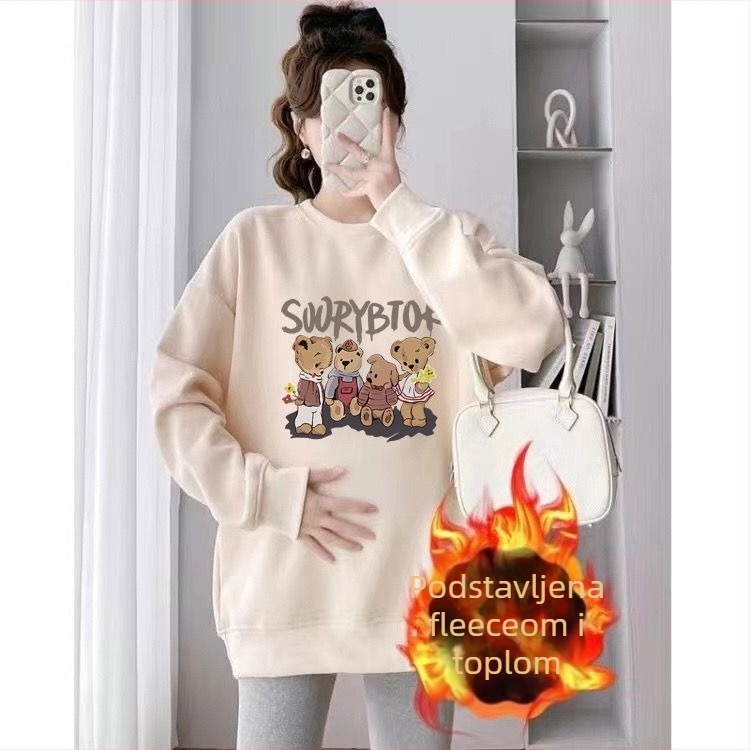 Trudnički jesensko-zimski dvodjelni set – Air Cotton s fleksi podstavom, top s okruglim izrezom, labav kroj, srednja duljina koja prekriva stražnjicu, japansko-korejski casual stil