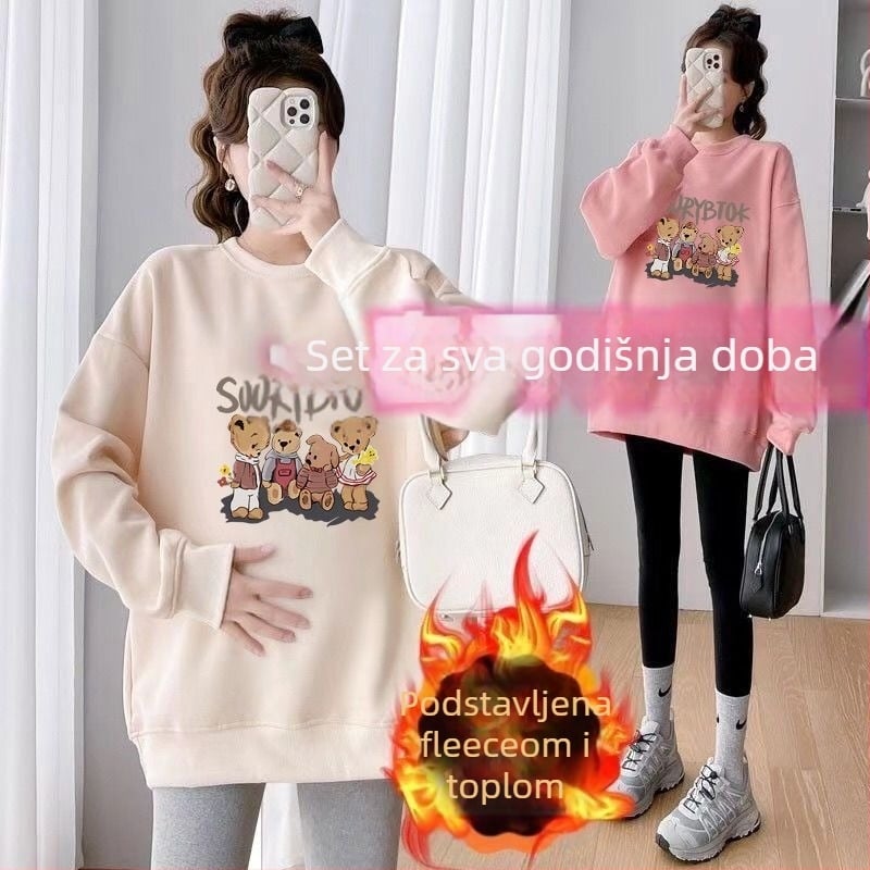 Trudnički jesensko-zimski dvodjelni set – Air Cotton s fleksi podstavom, top s okruglim izrezom, labav kroj, srednja duljina koja prekriva stražnjicu, japansko-korejski casual stil