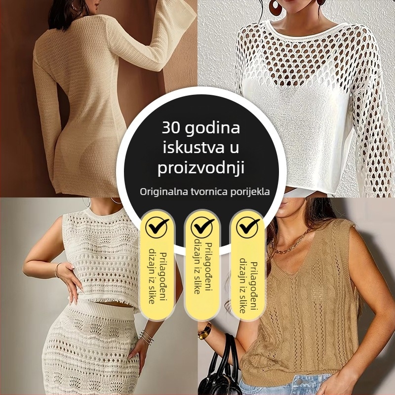 Pletena bez rukava vesta s kariranim uzorkom – poliester, okrugli izrez, redovita duljina, retro stil